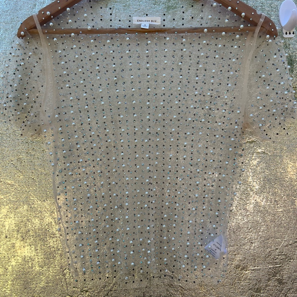 Cream Sequin Embellished Short Sleeve Blouse